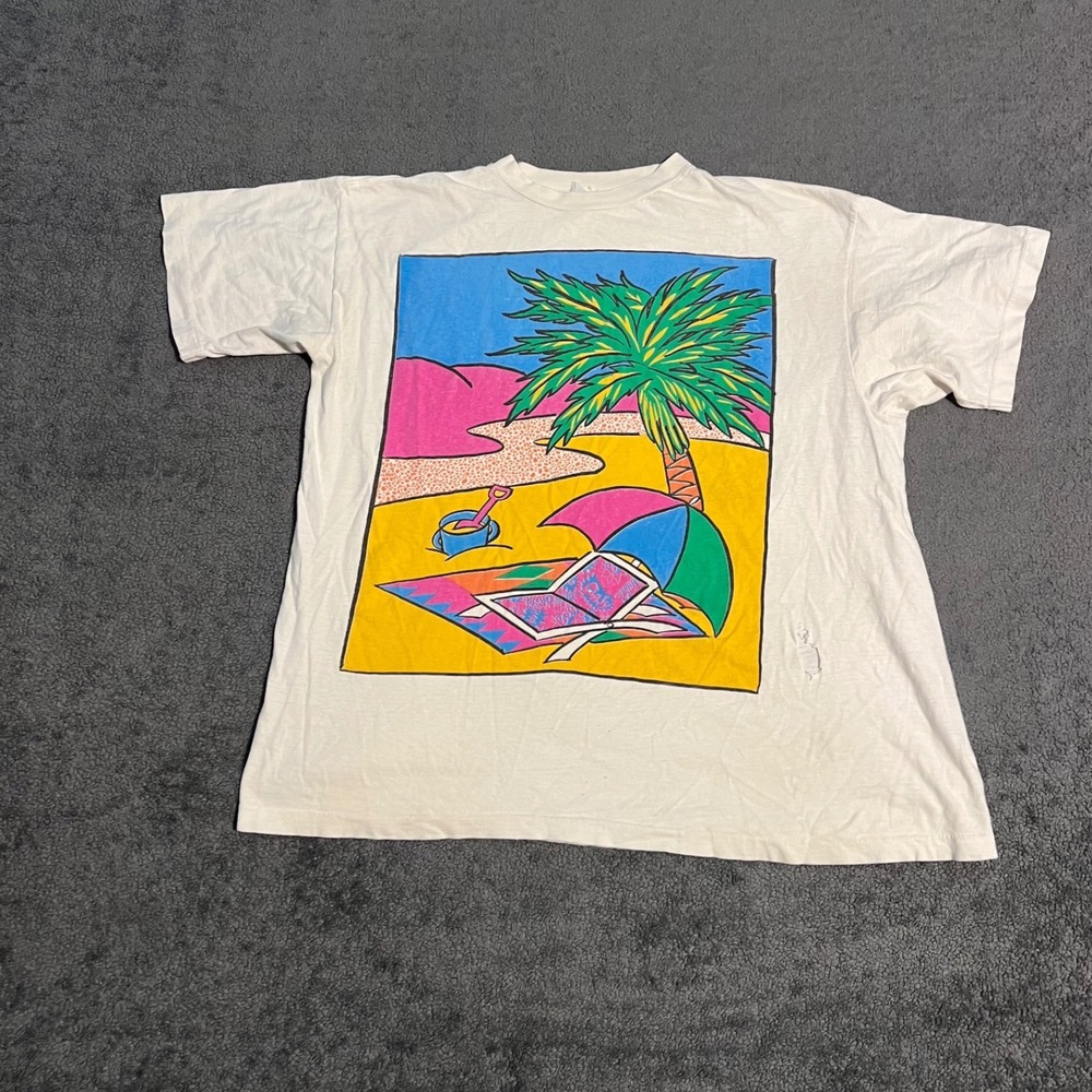 Vintage 90s Beach Graphic Shirt White Single Stitch Distressed XL Summer Tourist